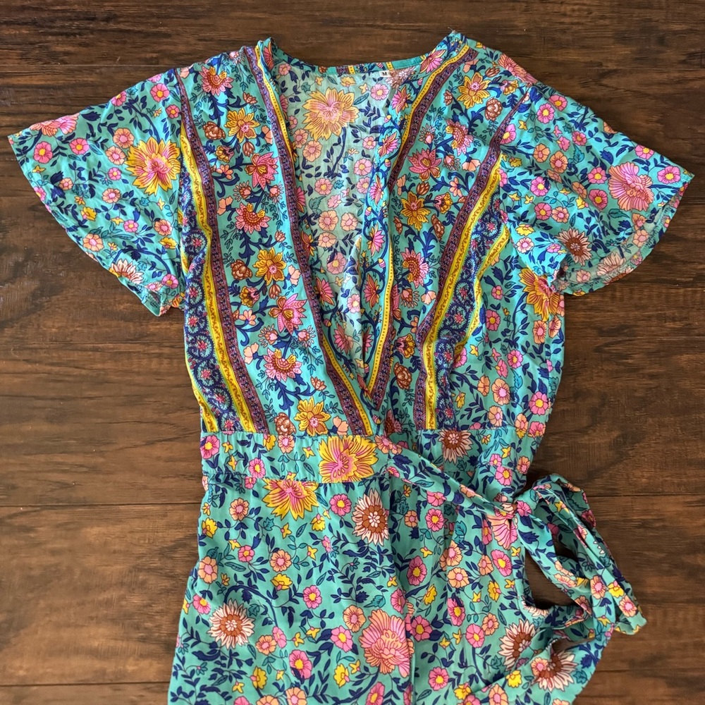 Boho, Floral Print, Summer, Spring Green, Blue, yellow Rockabilly, Cowgirl Dress - Picture 7 of 9